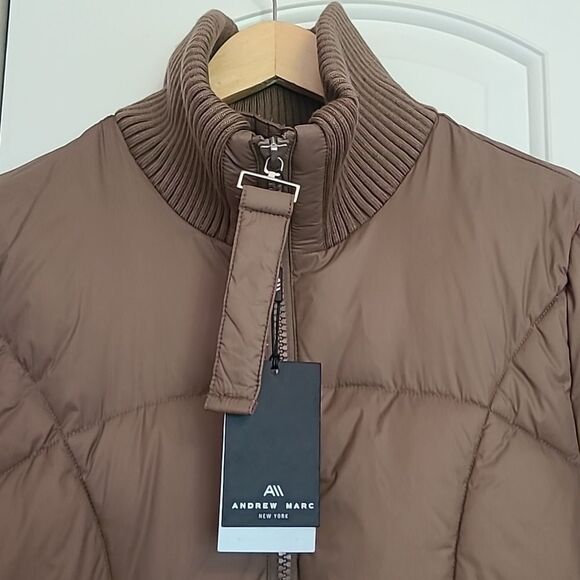 ANDREW MARC Pavia Quilted Faux Down Hooded Puffer Quilted Coat Tan Camel Size M - Picture 4 of 16